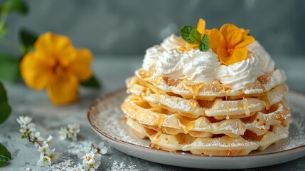  ripe fruit smothered in whipped cream, flowers blooming behind