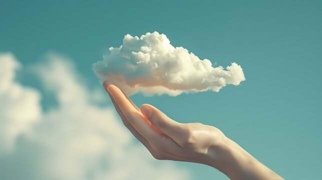 Be on Cloud nine concept, hand reaching sky touch fluffy white cloud bright sunny, cloud nine white optimistic serene