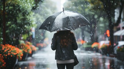   A woman walks in the rain, umbrella shielding her head, black jacket on shoulder