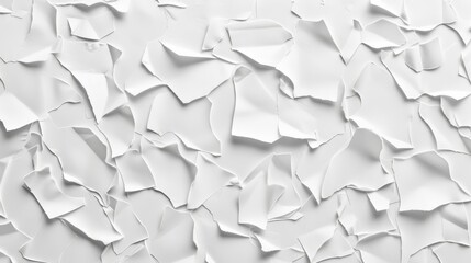   A tight shot of a white wall, littered with numerous ripped-up sheets of paper in its center