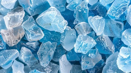   Multiple piles of blue and white ice cubes stacked upon one another