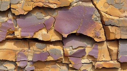   A close-up of wood with peeling yellow and purple paint on its sides