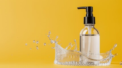   A soap dispenser pours liquid onto a glass container against a yellow backdrop