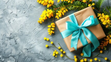   Gift wrapped in brown paper, accessorized with a blue ribbon and bow, against a gray backdrop with scattered yellow flowers