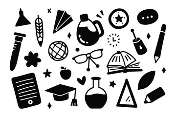 Sketchy black vector hand drawn doodle cartoon set of School objects and symbols on white background
