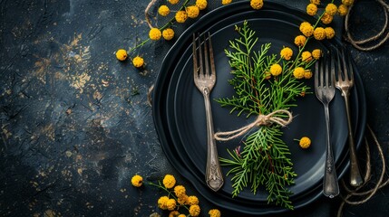   A black plate holds a yellow flower arrangement next to a fork and knife The black plate is accessorized with a length of twine - Powered by Adobe