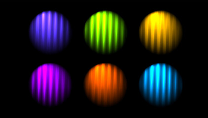 Corrugated neon circle ribbed glass effect. Set colorful round liquid gradient shape. Purple, green,yellow,blue, orange vibrant abstract element prism effect black background. Vector illustration