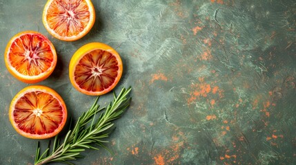   A collection of oranges, halved, and a rosemary sprig nearby on a verdant surface