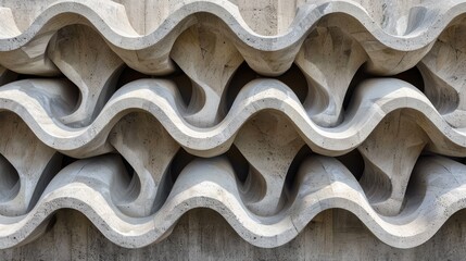   A tight shot of a structure with undulating patterns adorning its facade, and a concretes backdrop serving as background