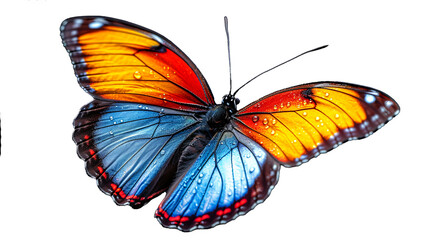 Obraz premium A vibrant, realistic butterfly with richly colored wings in shades of orange, blue, and black, detailed with water droplets. - PNG transparent