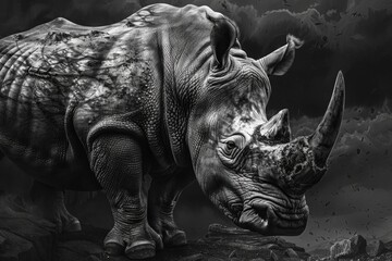 A stunning black and white close-up of a rhinoceros. Perfect for nature and wildlife themes