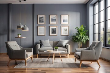 Interior of modern living room with gray walls, wooden floor, gray armchairs and coffee table.