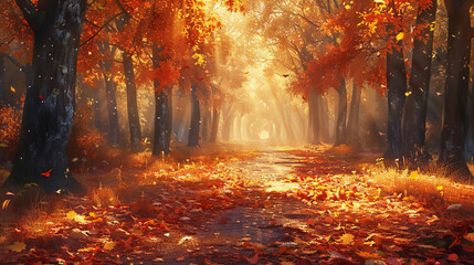 Sunlit forest path during autumn with leaves scattering light and shadows.