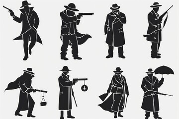 Black silhouettes of men wearing hats and trenchcoats. Ideal for mystery or detective themed designs
