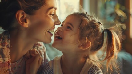 A heartwarming image of a woman and a little girl sharing a joyful moment. Perfect for family, happiness, and bonding concepts