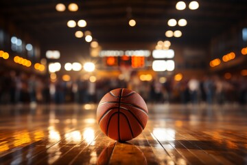 Basketball on wooden floor in arena with blurred crowd and spotlight. Sport wallpaper. Championship...