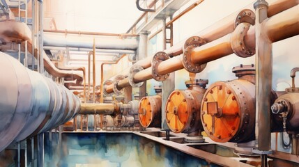 The image shows a watercolor painting of an industrial scene, with pipes and valves.