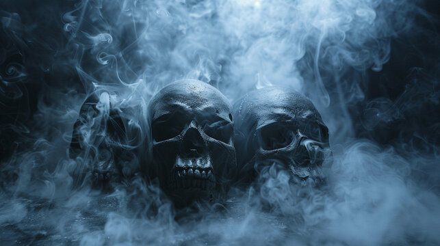The unsettling image of smoke and skulls create a dark and mysterious backdrop,