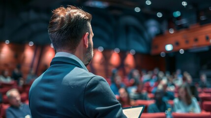 A man stands confidently in front of a large, diverse crowd of people, who are looking at him attentively.