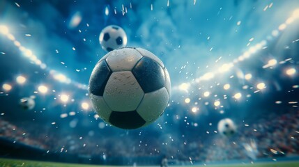 A dramatic photo of a soccer ball flying through the air, with a bright stadium in the background.