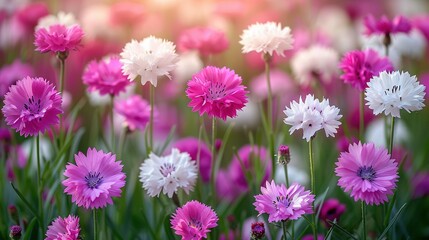 Obraz premium A field of pink and white flowers bathed in sunlight behind cloudy skies
