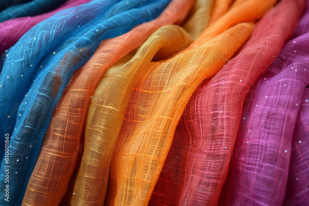 Poster a vivid display of stacked textile rolls showcasing various colors and the intricate textures of the