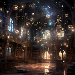 Magical library with floating books and glowing orbs