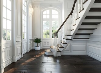 Beautiful home interior with a wooden staircase and windows in the hallway stock photo