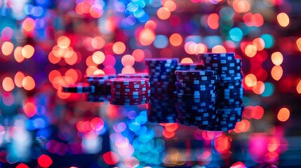 Close-up of casino chips on a reflective surface with colorful lights creating a festive atmosphere.