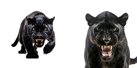 Close up, half body, and full body set of an aggressive black panther ready to strike, Isolated on Transparent Background, PNG