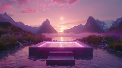   A serene body of water surrounded by majestic mountains with a setting sun in the backdrop, featuring a picturesque pool in its center - Powered by Adobe