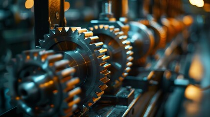 Cool-toned gears in a machine operating smoothly. - obrazy, fototapety, plakaty