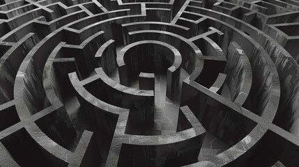 Create a minimalist composition of a labyrinthine maze that symbolizes the complexity of the human psyche Present this intricate design from a top-down perspective