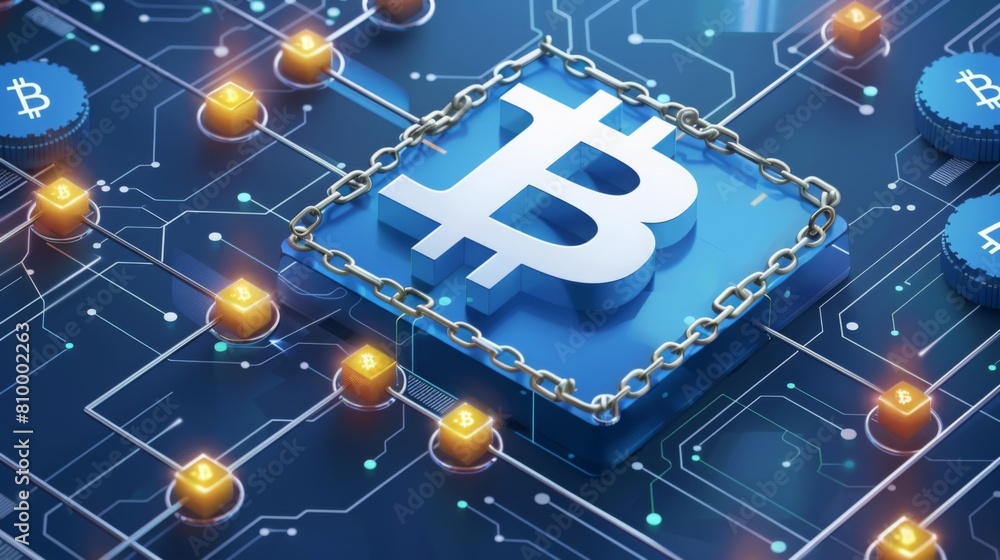 Leinwandbilder a symbolic representation of a bitcoin secured by digital chains on a cryptographic background.