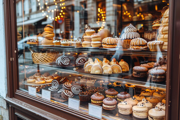 Fototapeta premium Showcase of artisan pastries like eclairs, cream puffs, and macarons in a chic patisserie window, street view 
