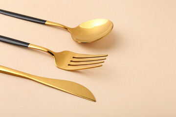 Stylish golden cutlery set on beige background, closeup. Space for text