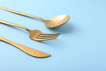 Stylish golden cutlery set on light blue background, closeup. Space for text
