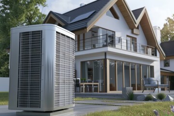 A large air conditioner in front of a house. Suitable for home improvement projects