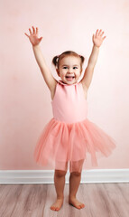 generated illustration Cute smiling ballerina in a pink dress performs a pose in a ballet dance