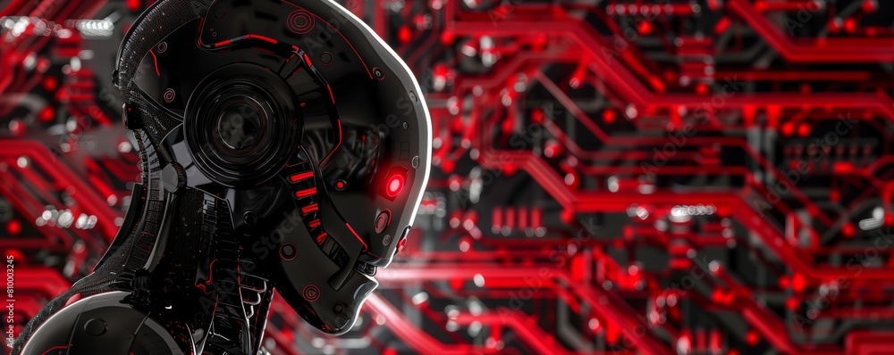 Poster futuristic ai robot head profile with circuit background