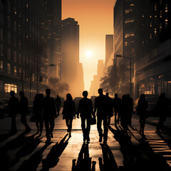 Silhouettes of people walking on a busy urban street