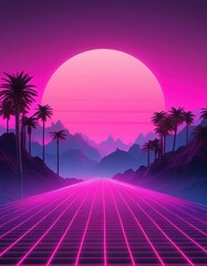 Naklejka premium Synthwave retro cyberpunk style landscape background banner or wallpaper
