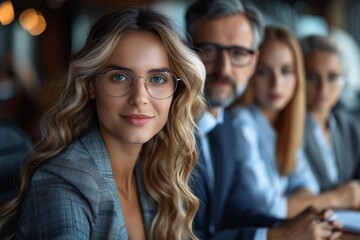 Obraz premium A young professional woman with glasses stands out in front of a business team, showing confidence and leadership