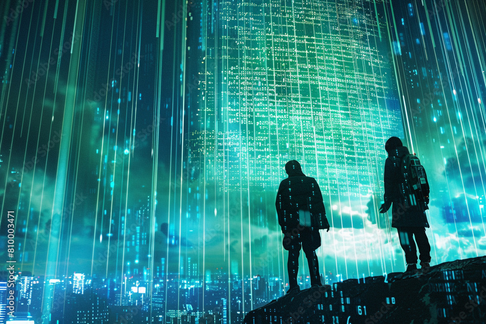Poster silicon knights on a quest to defend the digital realm from malware invasions under a code sky