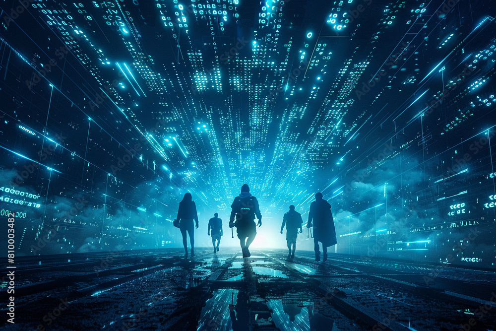 Poster silicon knights on a quest to defend the digital realm from malware invasions under a code sky