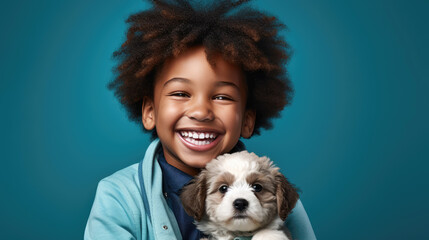 generated illustration adorable american african with puppy isolated on blue background