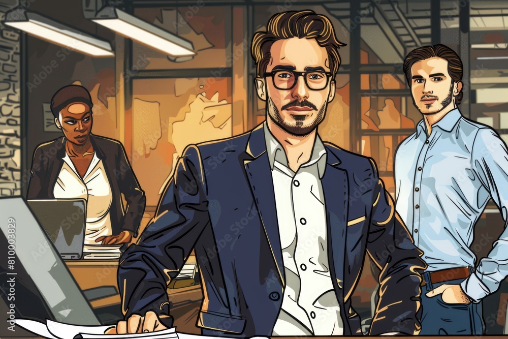 Poster man in suit standing by computer, suitable for business concepts