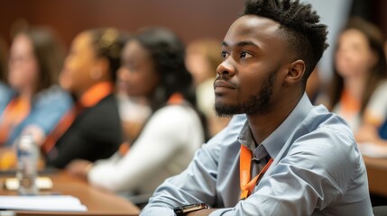 A focused young black man listens intently at a conference event, surrounded by other attendees.