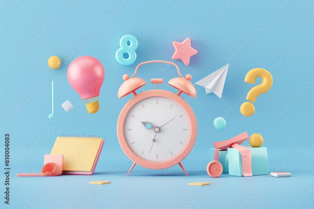 Poster bright and vibrant scene with a pink alarm clock surrounded by various colorful objects. great for i
