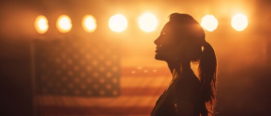 Female politician speaking at a rally, with the American flag dramatically lit behind her - obrazy, fototapety, plakaty